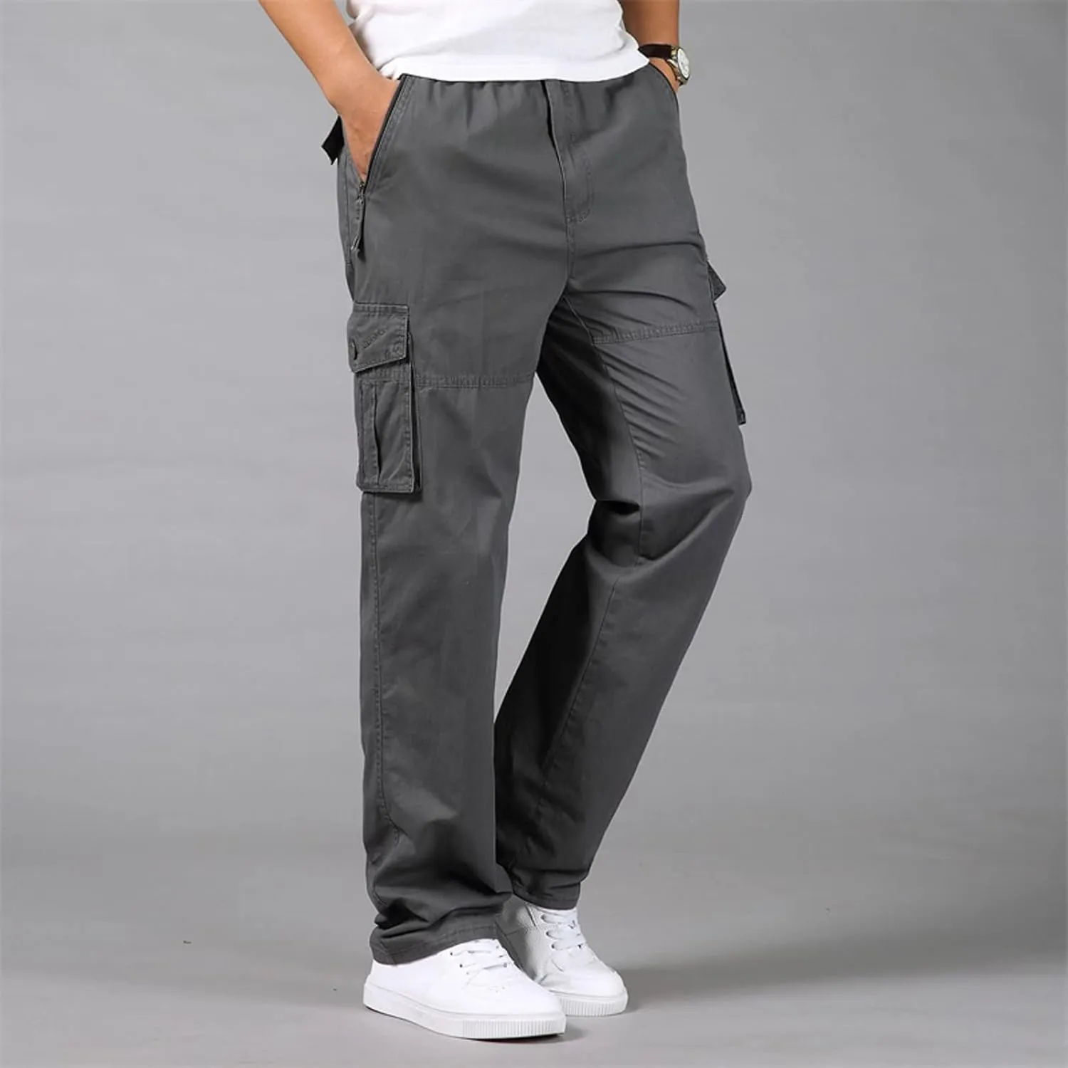 2023 Mens Cargo Pants with Multi Pockets Casual Joggers Hiking Pants Plus Size Loose Straight Sweatpants Stylish Trousers