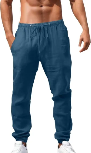2023 Mens Linen Pants Casual Loose Lightweight Sweatpants Drawstring Elastic Waist Yoga Beach Trousers Breathable Joggers
