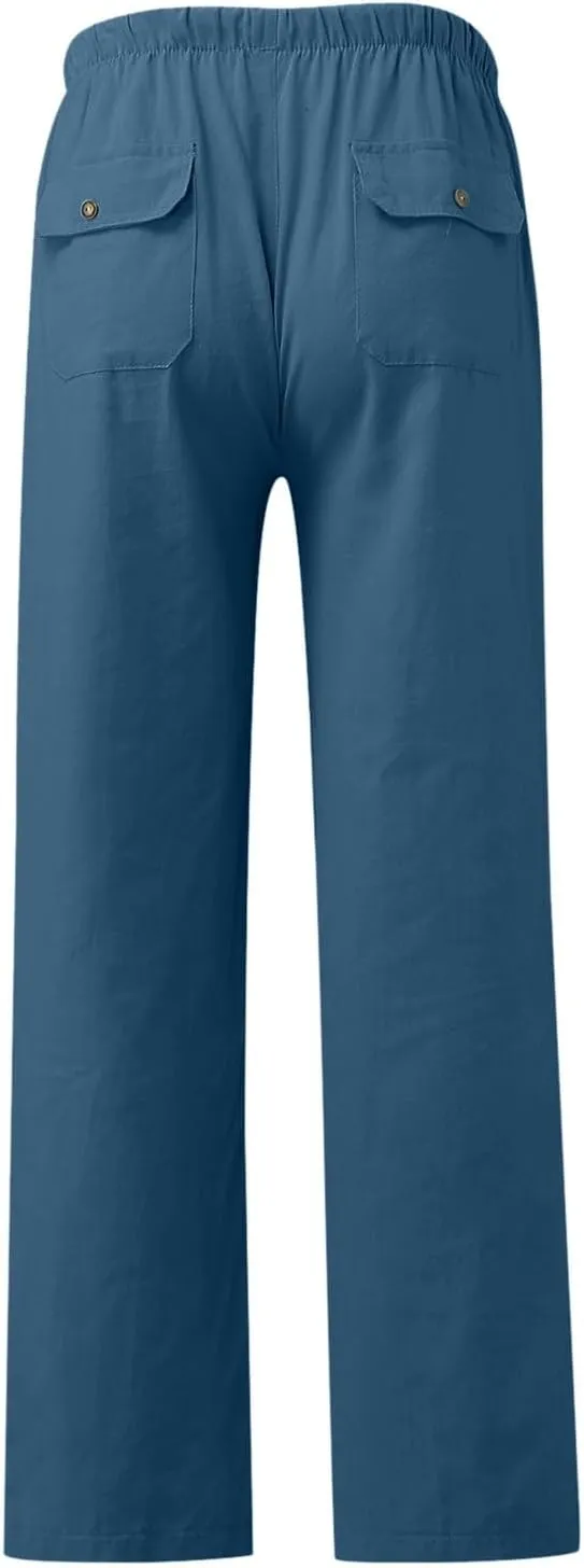 2023 Mens Linen Pants Casual Loose Lightweight Sweatpants Drawstring Elastic Waist Yoga Beach Trousers Breathable Joggers