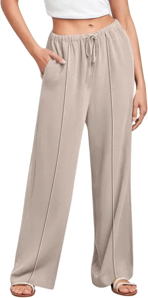 2024 Summer Linen Palazzo Pants Womens Casual Loose Drawstring Beach Palazzo Harem Joggers Pants with Pockets