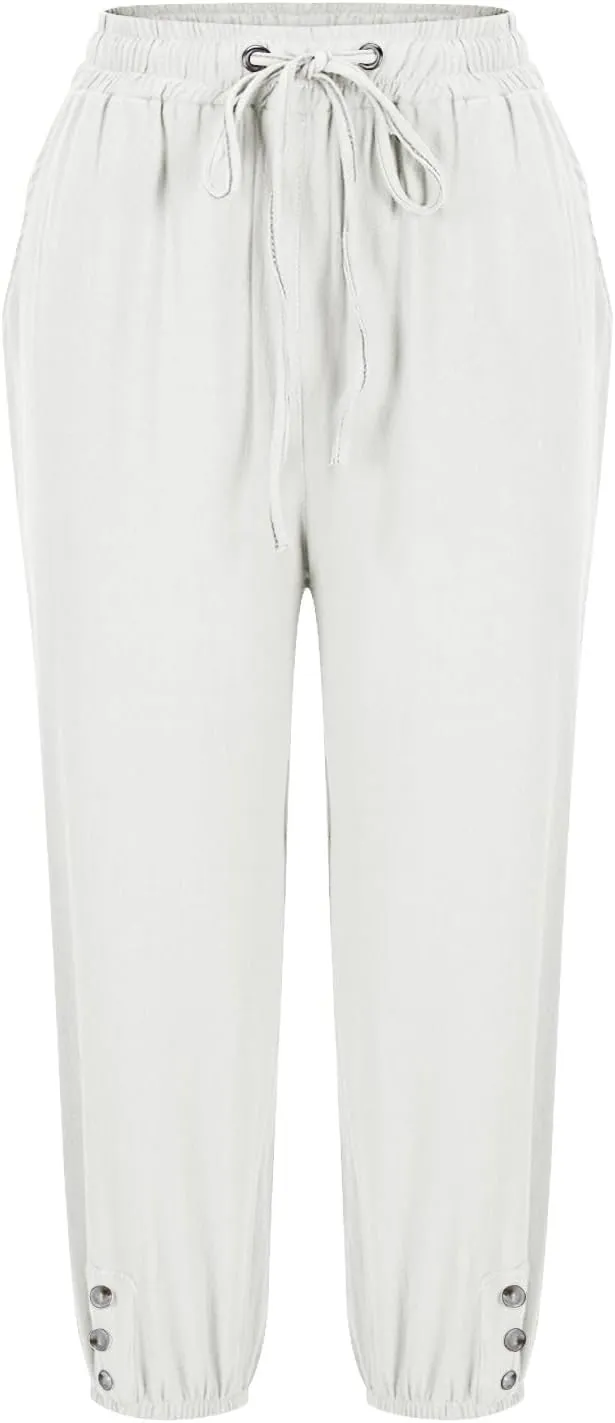 2025 Capri Linen Pants for Women Casual Summer Drawstring Elastic High Botton Pant Straight Leg Cropped Trouser