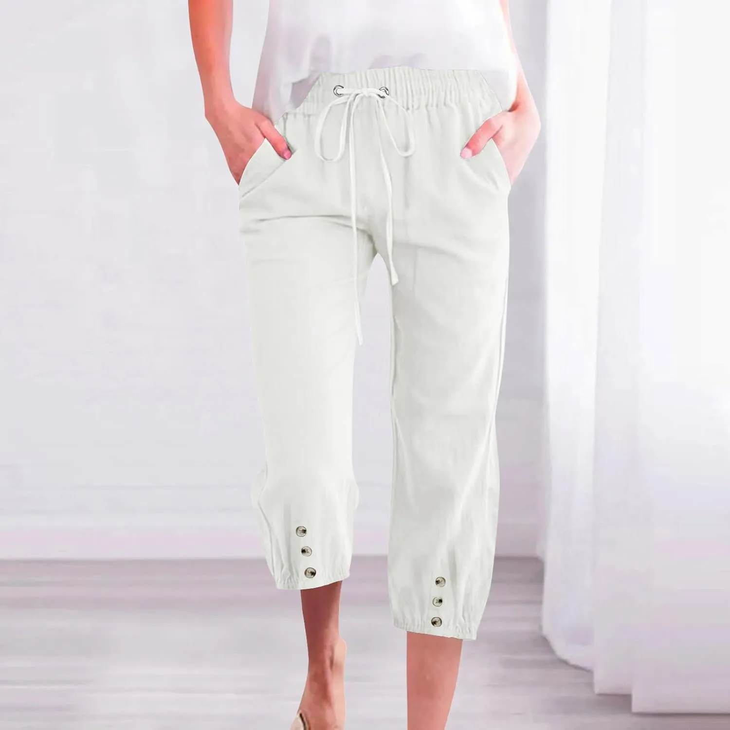 2025 Capri Linen Pants for Women Casual Summer Drawstring Elastic High Botton Pant Straight Leg Cropped Trouser