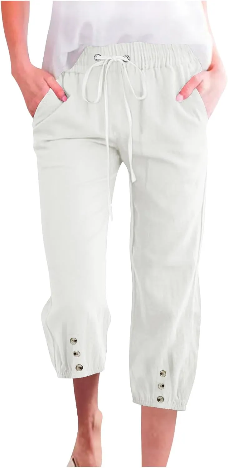 2025 Capri Linen Pants for Women Casual Summer Drawstring Elastic High Botton Pant Straight Leg Cropped Trouser