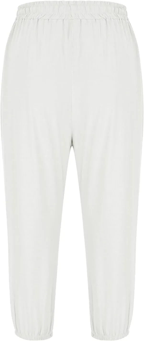 2025 Capri Linen Pants for Women Casual Summer Drawstring Elastic High Botton Pant Straight Leg Cropped Trouser