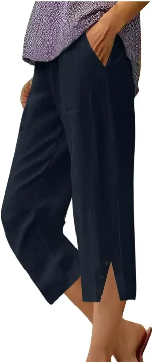 2025 Capri Pants for Women Casual Summer Drawstring Elastic High Waist Linen Pant Straight Leg Cropped Trouser