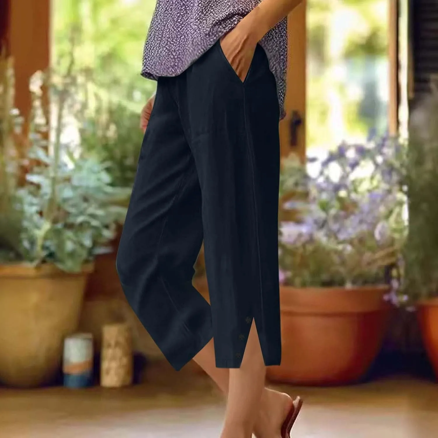 2025 Capri Pants for Women Casual Summer Drawstring Elastic High Waist Linen Pant Straight Leg Cropped Trouser