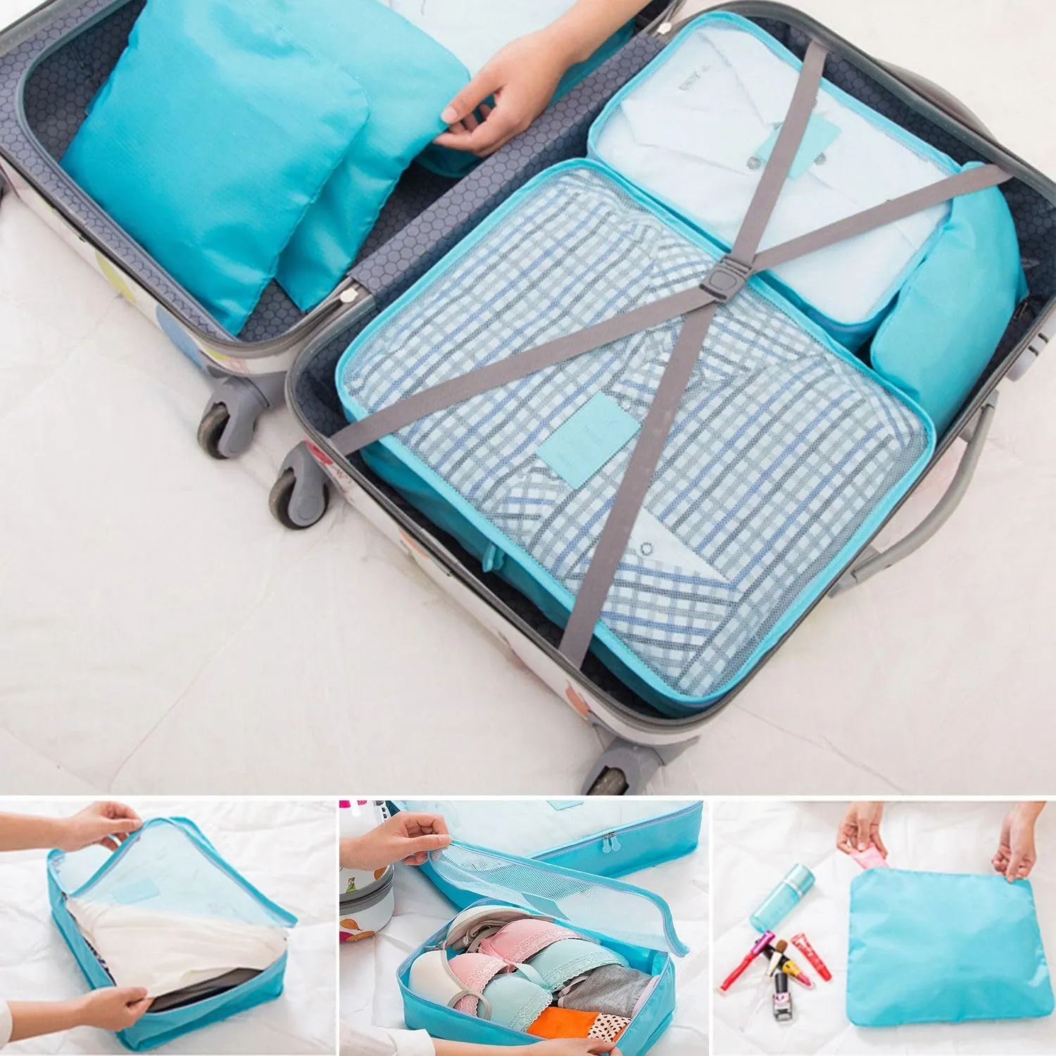 9Pcs Clothes Storage Bags Water-Resistant Travel Luggage Organizer Packing Cubes for Blouse Hosiery Underwear with Mesh Top and Webbing Handles Blue 1 Set(9Pcs)