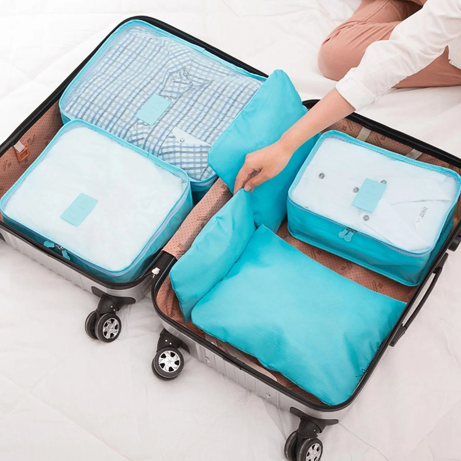 9Pcs Clothes Storage Bags Water-Resistant Travel Luggage Organizer Packing Cubes for Blouse Hosiery Underwear with Mesh Top and Webbing Handles Blue 1 Set(9Pcs)