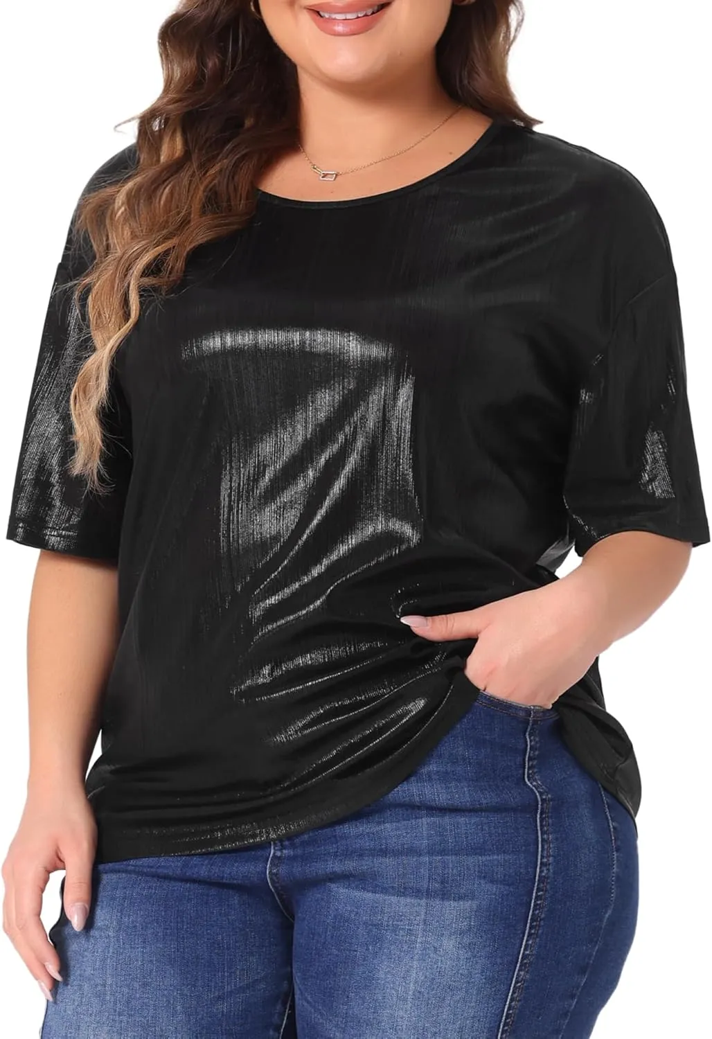 Agnes Orinda Plus Size Top Blouse for Women Metallic Round Neck Short Sleeve T-Shirt Party Blouses Tee Tops