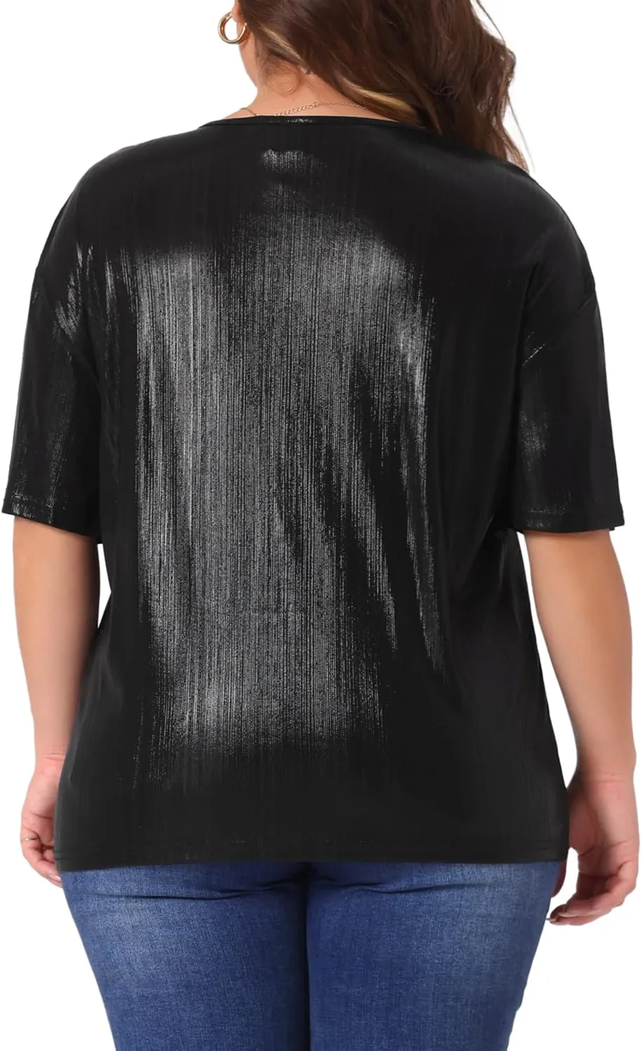 Agnes Orinda Plus Size Top Blouse for Women Metallic Round Neck Short Sleeve T-Shirt Party Blouses Tee Tops