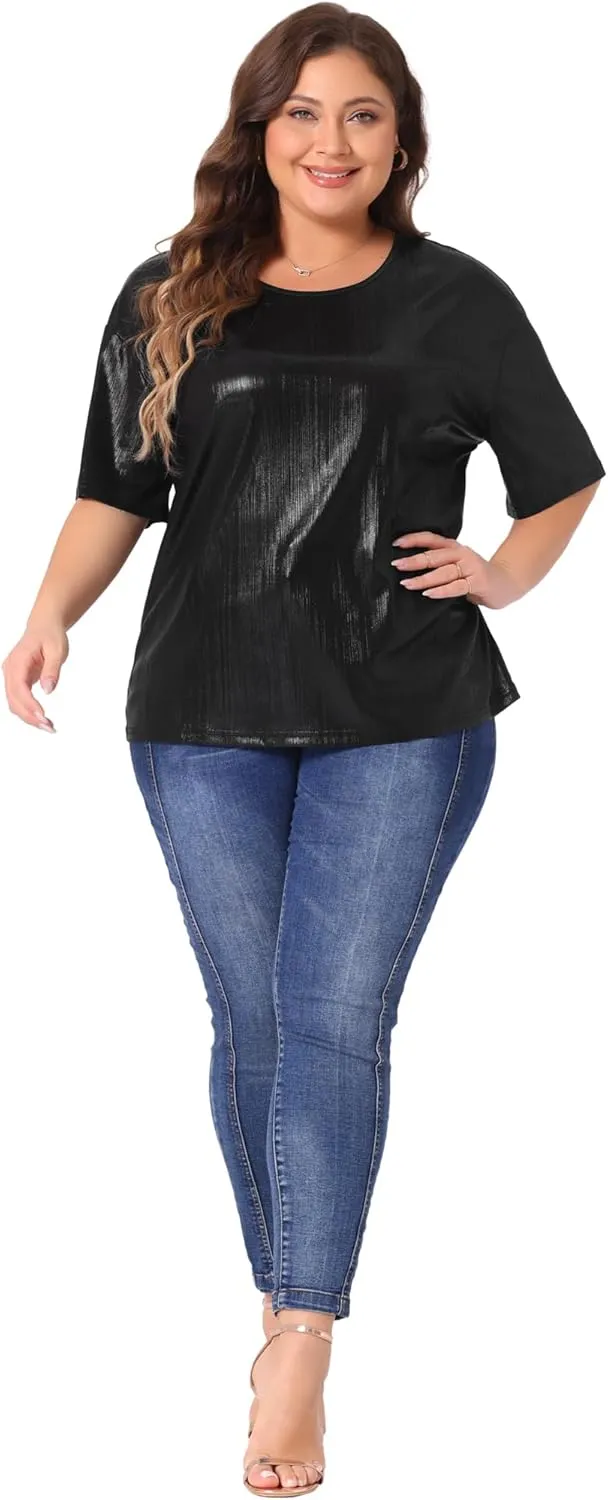 Agnes Orinda Plus Size Top Blouse for Women Metallic Round Neck Short Sleeve T-Shirt Party Blouses Tee Tops