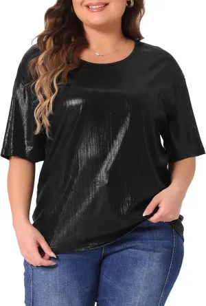 Agnes Orinda Plus Size Top Blouse for Women Metallic Round Neck Short Sleeve T-Shirt Party Blouses Tee Tops