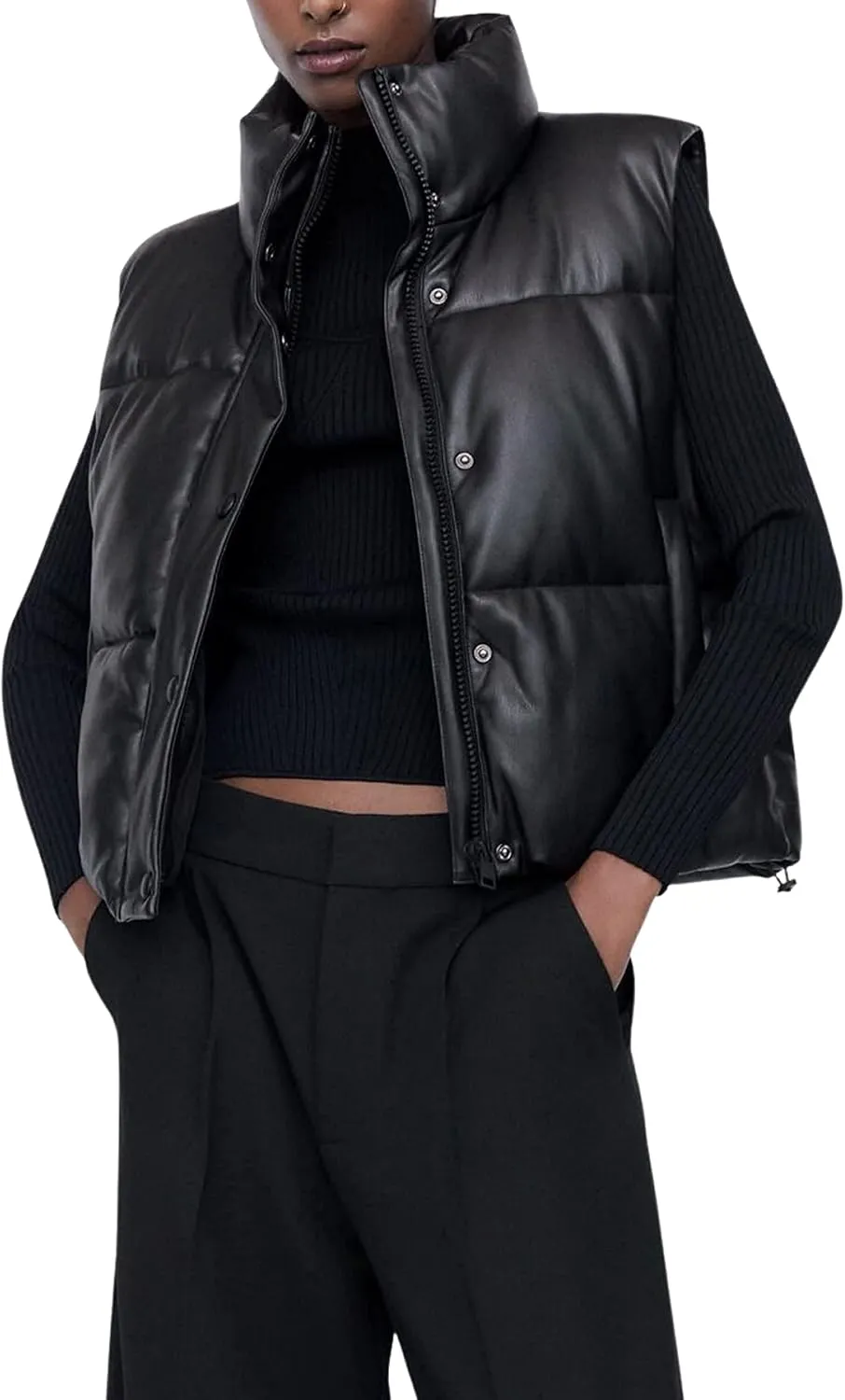 Ailoqing Womens Faux Leather Puffer Vest Zip Up Sleeveless Winter Cropped Jacket
