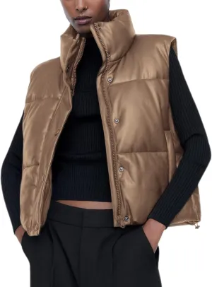 Ailoqing Womens Faux Leather Puffer Vest Zip Up Sleeveless Winter Cropped Jacket