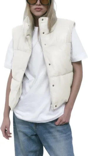 Ailoqing Womens Faux Leather Puffer Vest Zip Up Sleeveless Winter Cropped Jacket