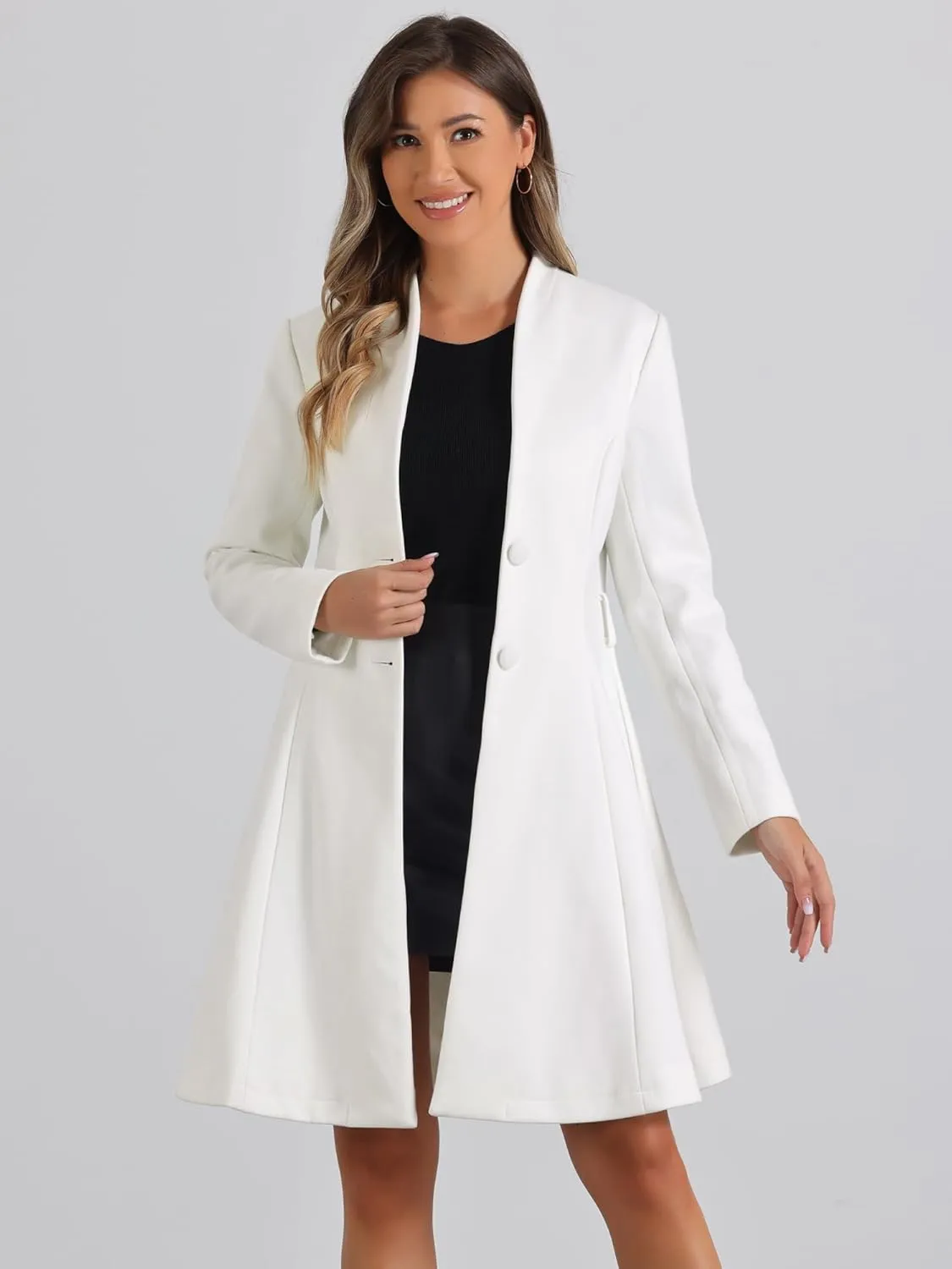 Allegra K Elegant Winter Coat for Women's Collarless Single Breasted Tie Wrap A-Line Swing Coats