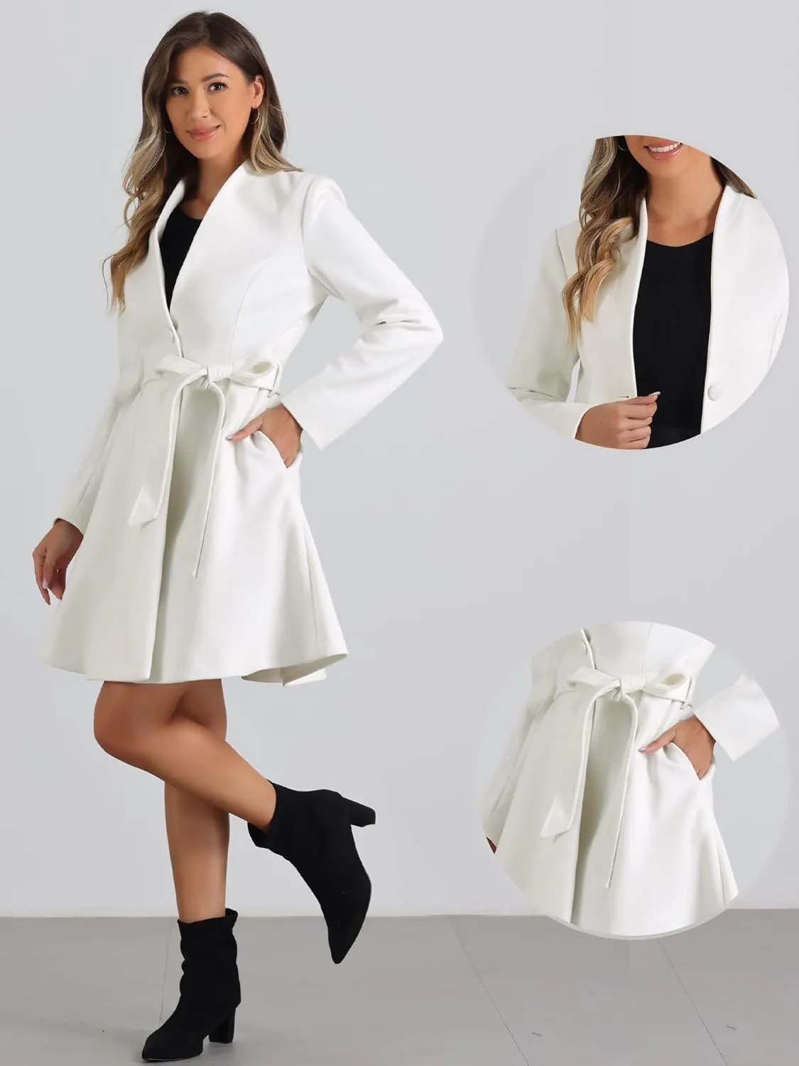 Allegra K Elegant Winter Coat for Women's Collarless Single Breasted Tie Wrap A-Line Swing Coats