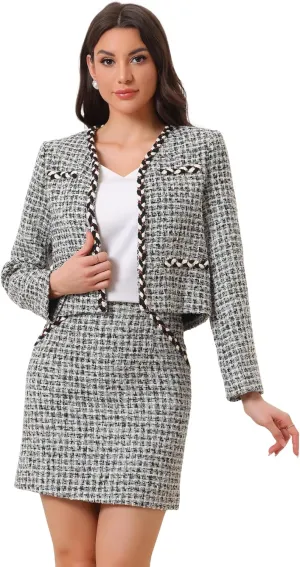 Allegra K Two Piece Outfits for Women's Business Tweed Collarless Blazer and Mini Skirt Set
