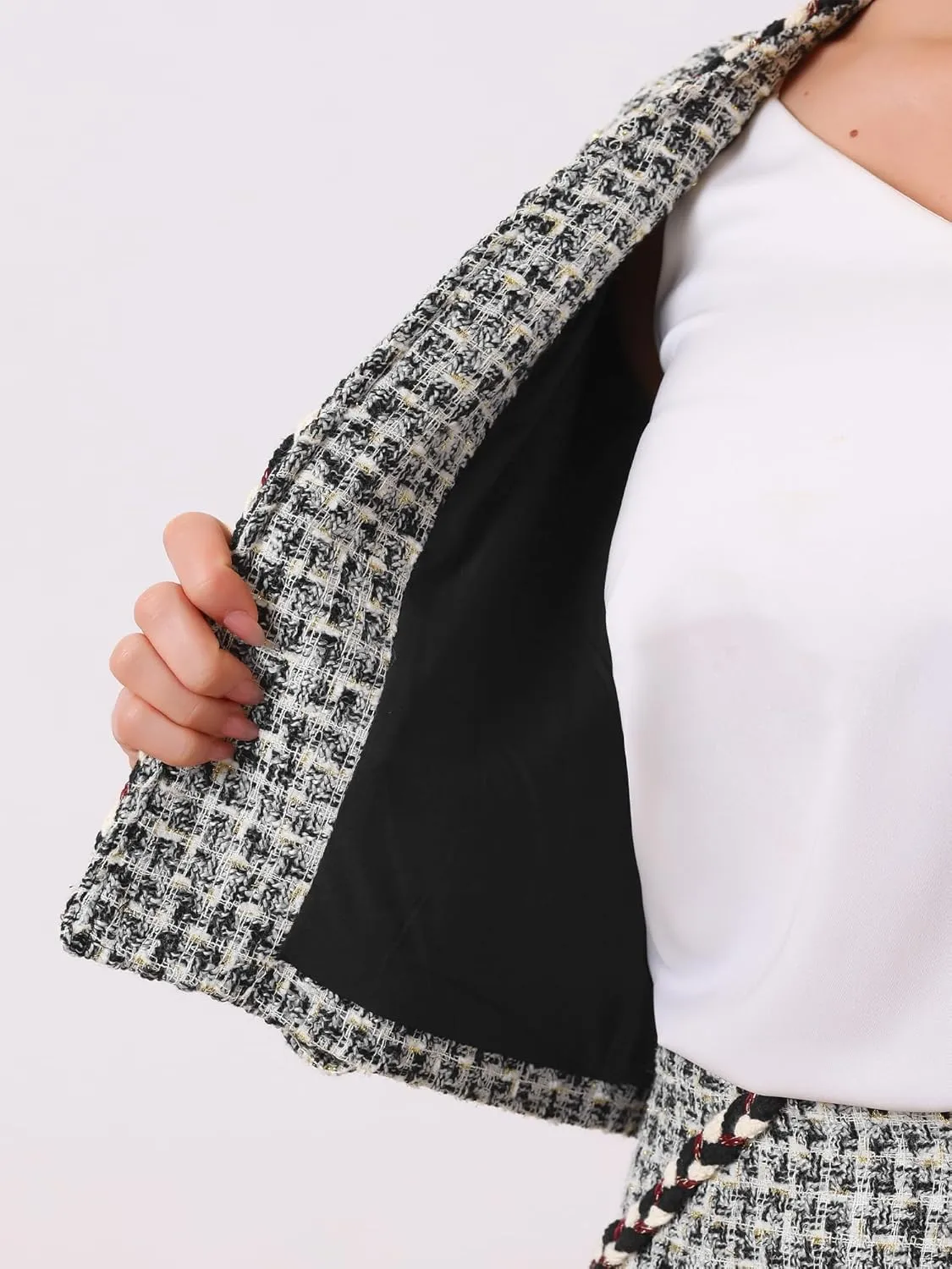 Allegra K Two Piece Outfits for Women's Business Tweed Collarless Blazer and Mini Skirt Set