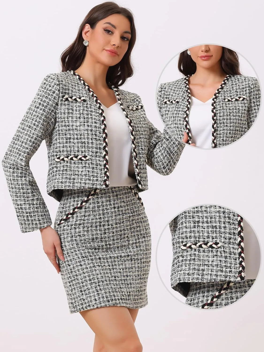 Allegra K Two Piece Outfits for Women's Business Tweed Collarless Blazer and Mini Skirt Set
