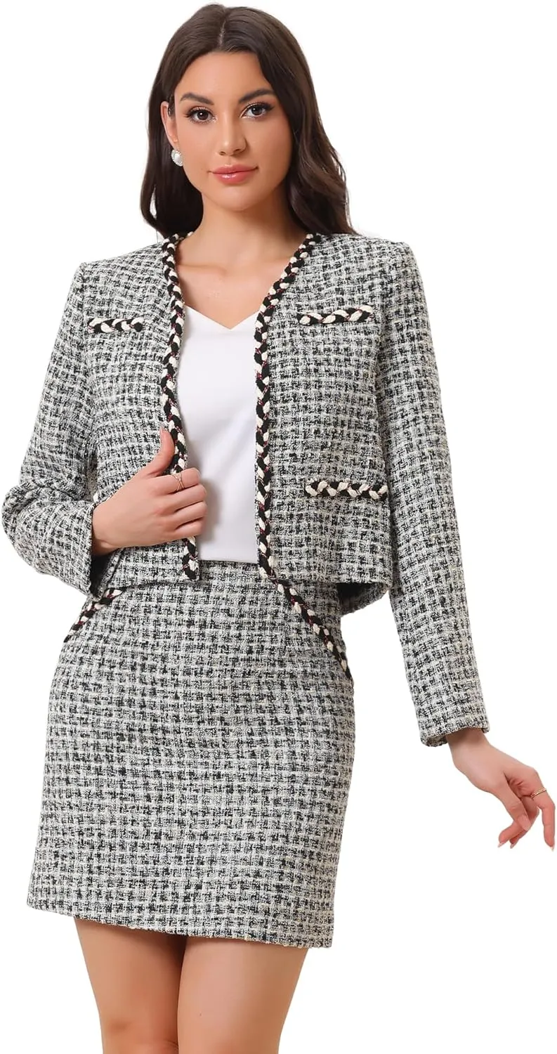 Allegra K Two Piece Outfits for Women's Business Tweed Collarless Blazer and Mini Skirt Set