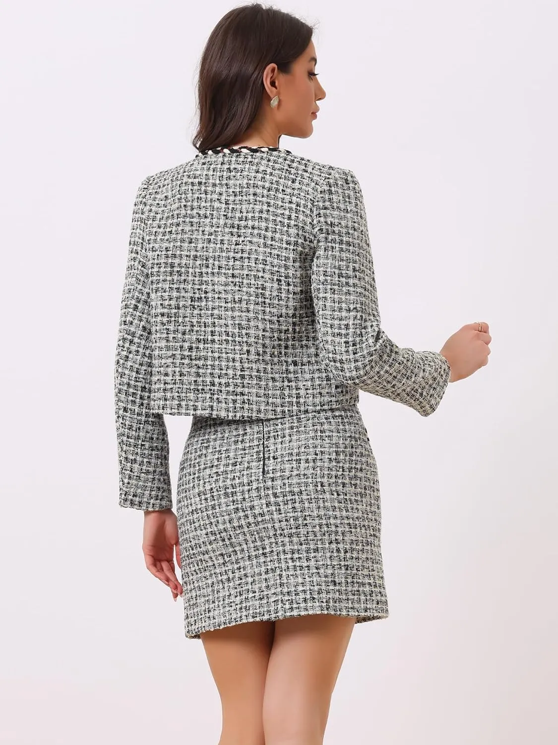Allegra K Two Piece Outfits for Women's Business Tweed Collarless Blazer and Mini Skirt Set