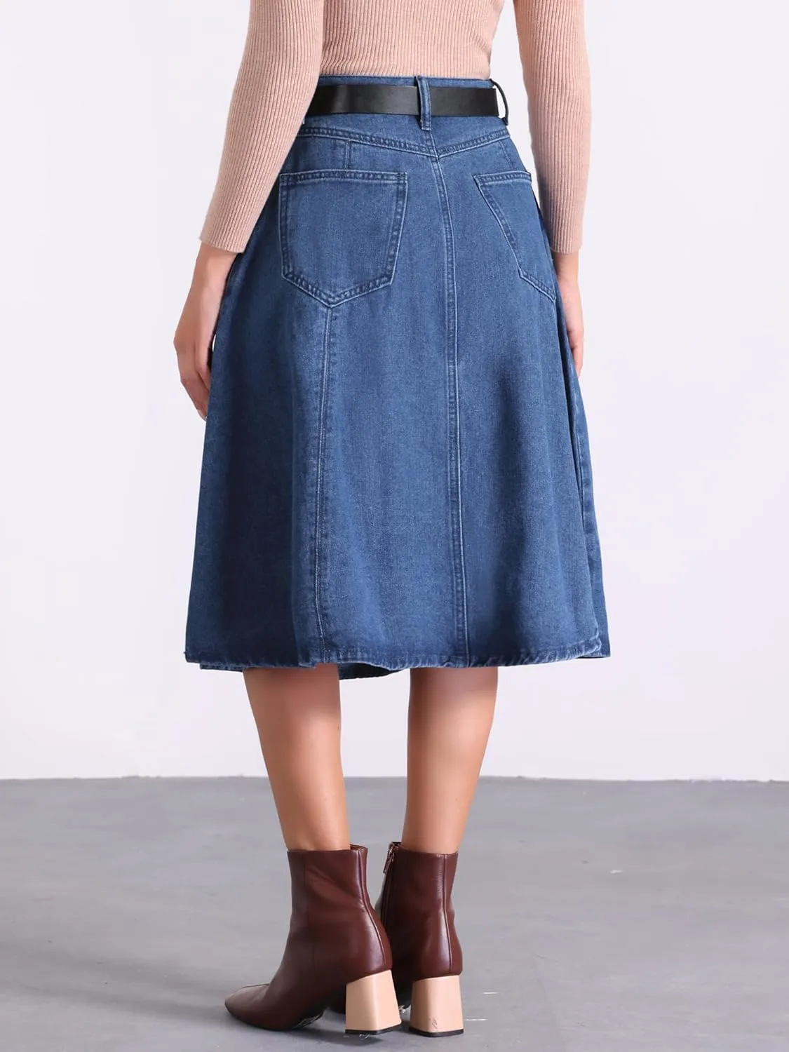 Allegra K Women's Denim Pleated Skirt High Waist A-Line Pockets Classic Midi Skirt with Belt