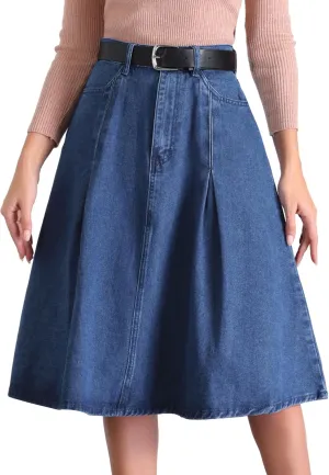 Allegra K Women's Denim Pleated Skirt High Waist A-Line Pockets Classic Midi Skirt with Belt