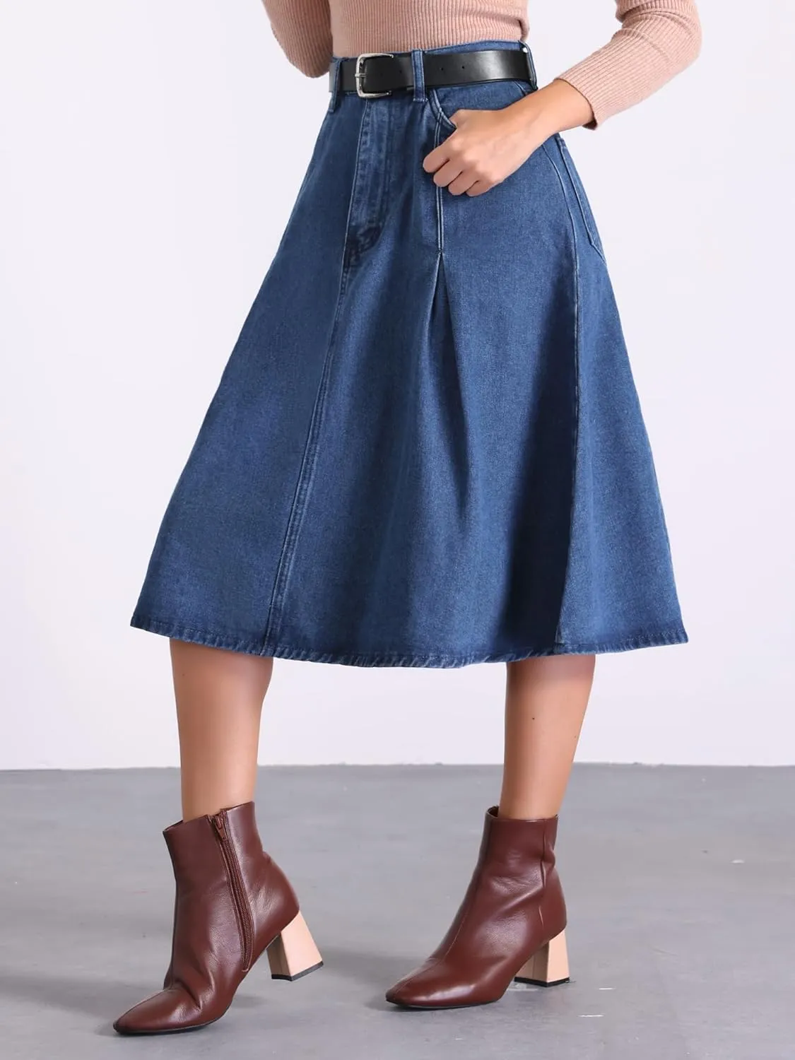 Allegra K Women's Denim Pleated Skirt High Waist A-Line Pockets Classic Midi Skirt with Belt
