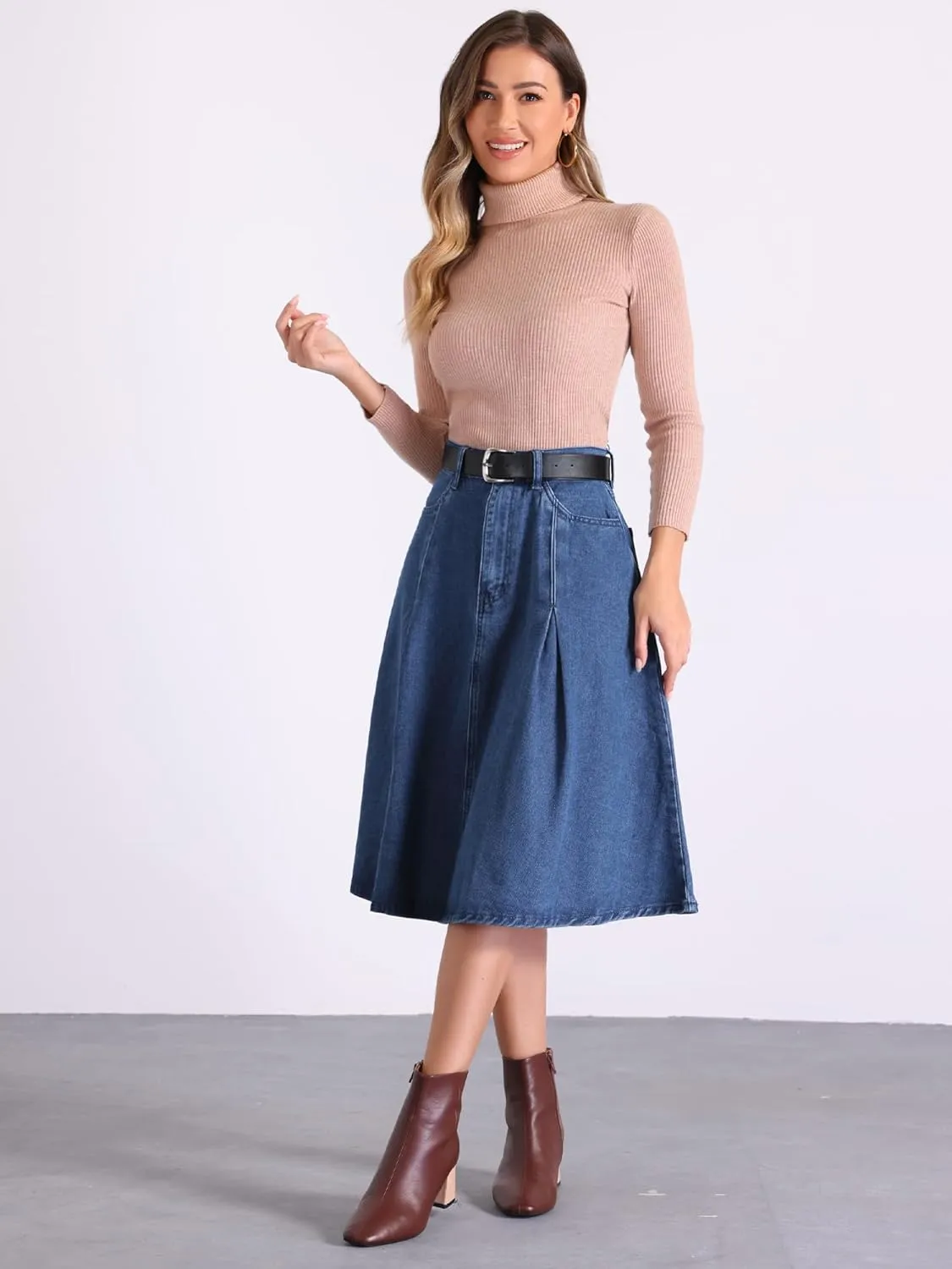 Allegra K Women's Denim Pleated Skirt High Waist A-Line Pockets Classic Midi Skirt with Belt