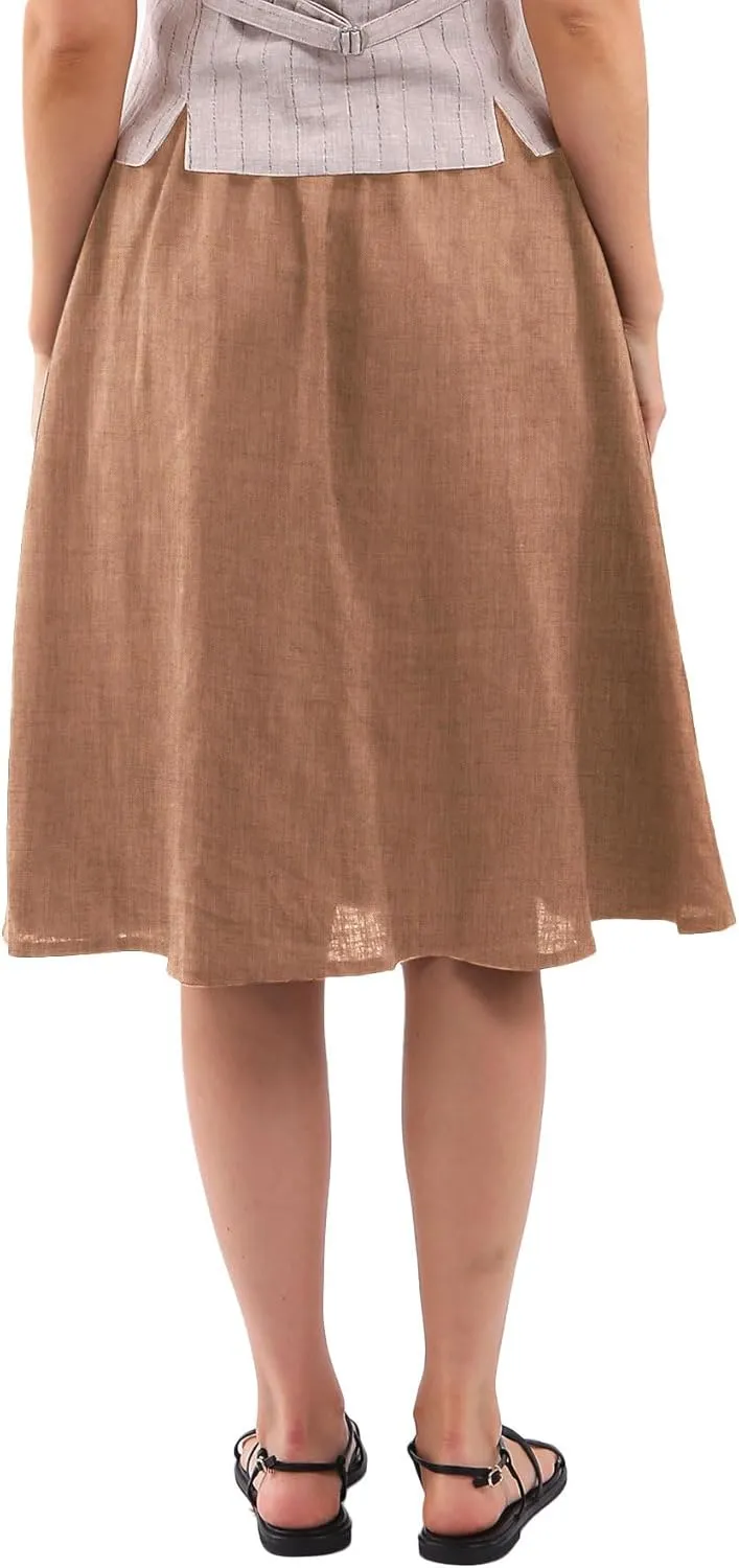 Amazhiyu Womens Pure Linen A Line Pleated Midi Skirt Elastic Waist with Pockets