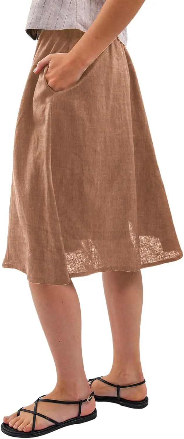 Amazhiyu Womens Pure Linen A Line Pleated Midi Skirt Elastic Waist with Pockets