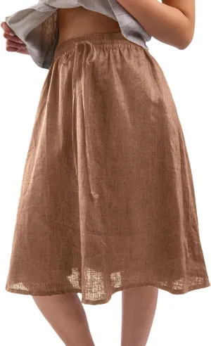 Amazhiyu Womens Pure Linen A Line Pleated Midi Skirt Elastic Waist with Pockets