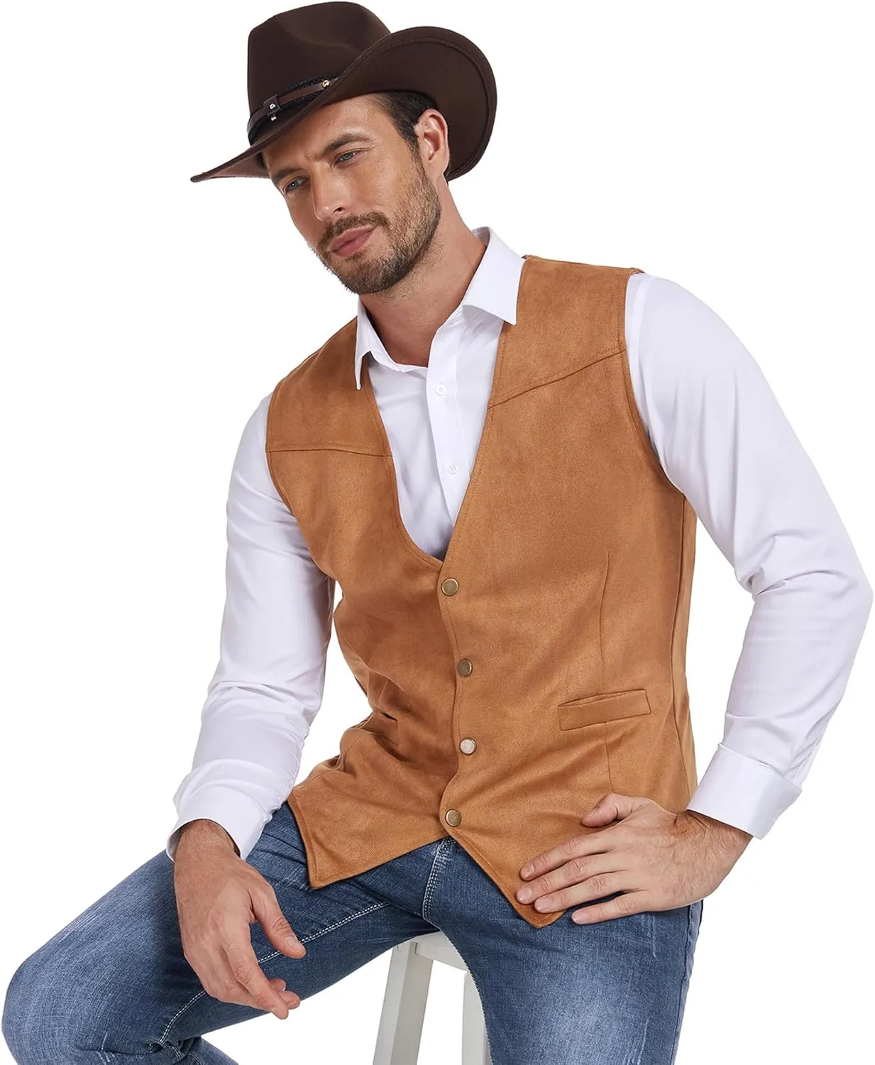 American Trends Western Vest for Men Casual Cowboy Vest Faux Suede Leather Suit Vest Medieval Renaissance Vest