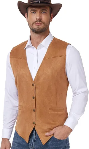 American Trends Western Vest for Men Casual Cowboy Vest Faux Suede Leather Suit Vest Medieval Renaissance Vest