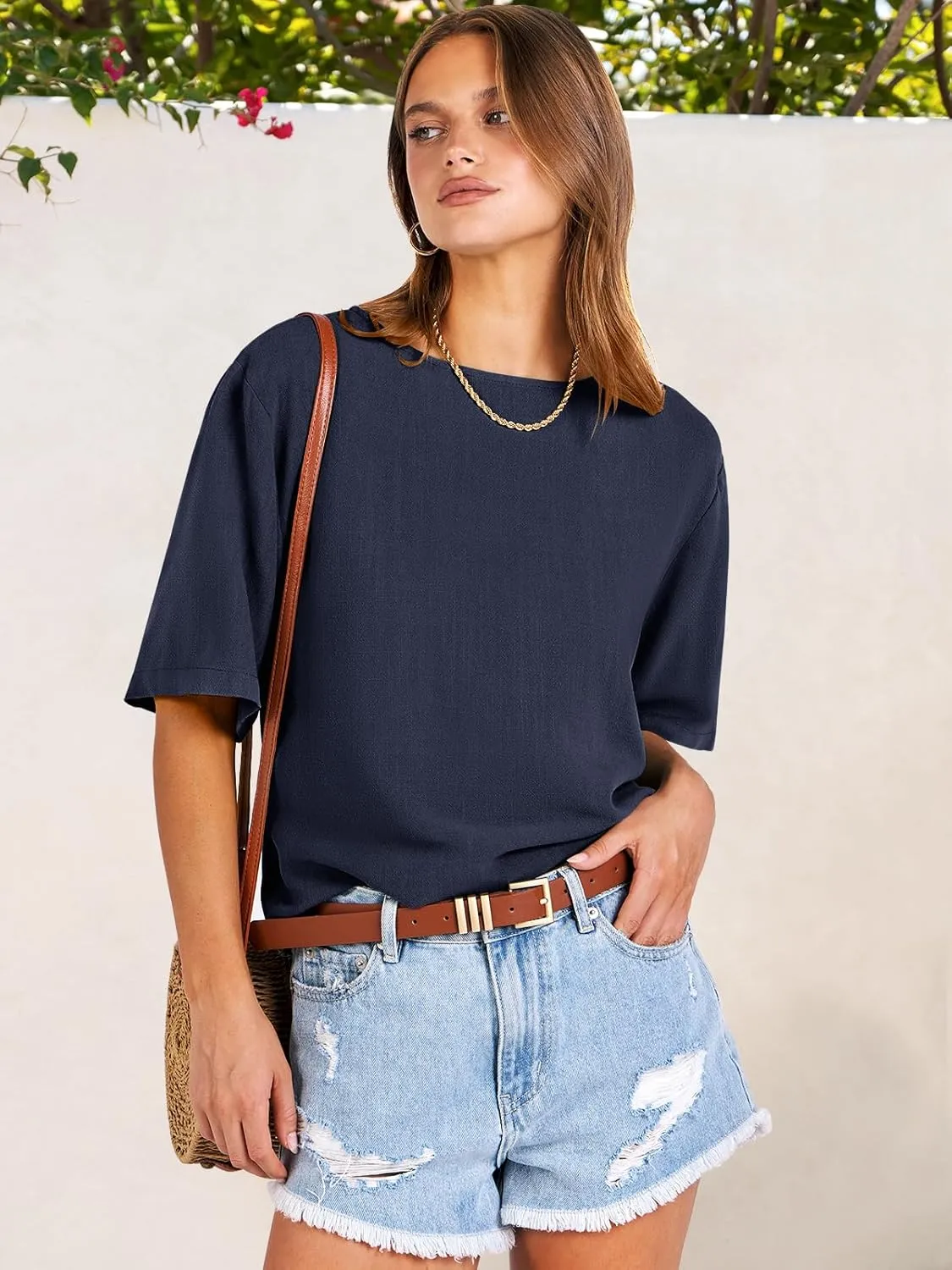 ANRABESS Women Linen Shirts Short Sleeve Oversized Casual Loose Crop Tops Tshirts Summer Cute Tees Outfits Blouse 2025