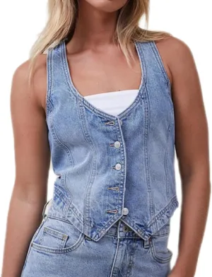 Aonoapll Women Button Down Denim Vest Vintage Sleeveless Crop Blazer Vest Y2k Backless Halter Neck Waistcoat Streetwear