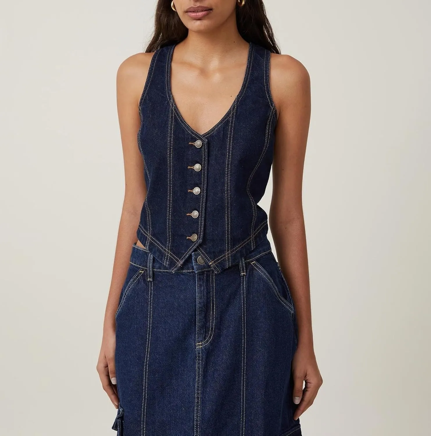Aonoapll Women Button Down Denim Vest Vintage Sleeveless Crop Blazer Vest Y2k Backless Halter Neck Waistcoat Streetwear