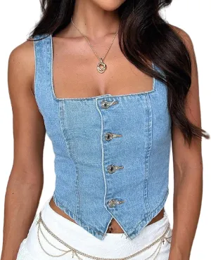 Aonoapll Women Button Down Denim Vest Vintage Sleeveless Crop Blazer Vest Y2k Backless Halter Neck Waistcoat Streetwear