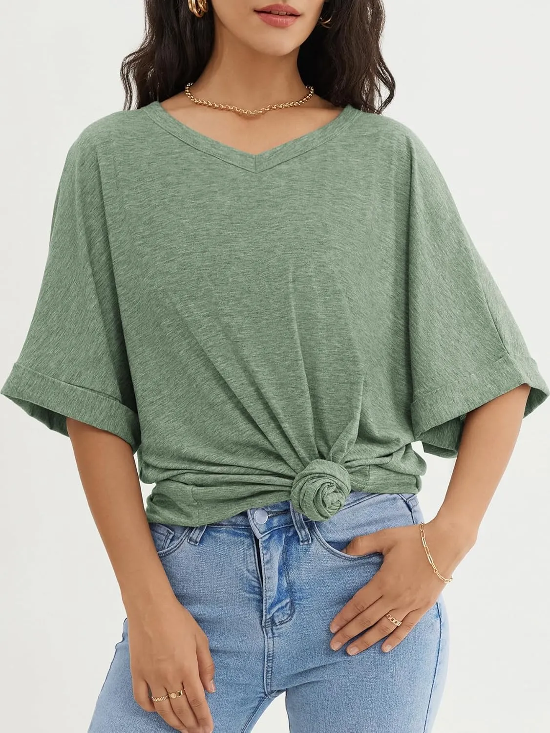 ATHMILE Womens Oversized T Shirts Loose Fit V Neck Short Sleeve Summer Casual Blouse 2025 Y2K Tee Tops