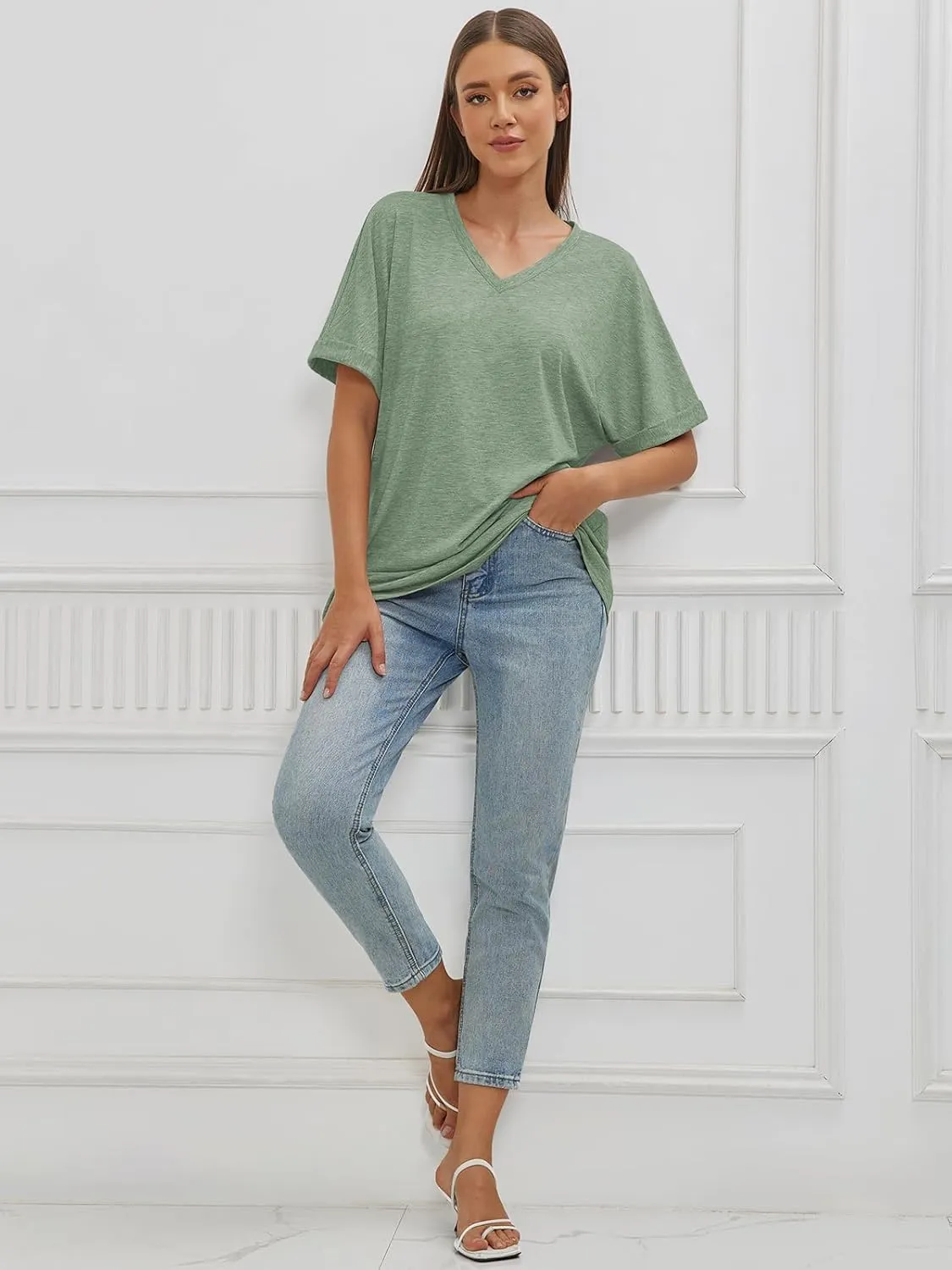 ATHMILE Womens Oversized T Shirts Loose Fit V Neck Short Sleeve Summer Casual Blouse 2025 Y2K Tee Tops