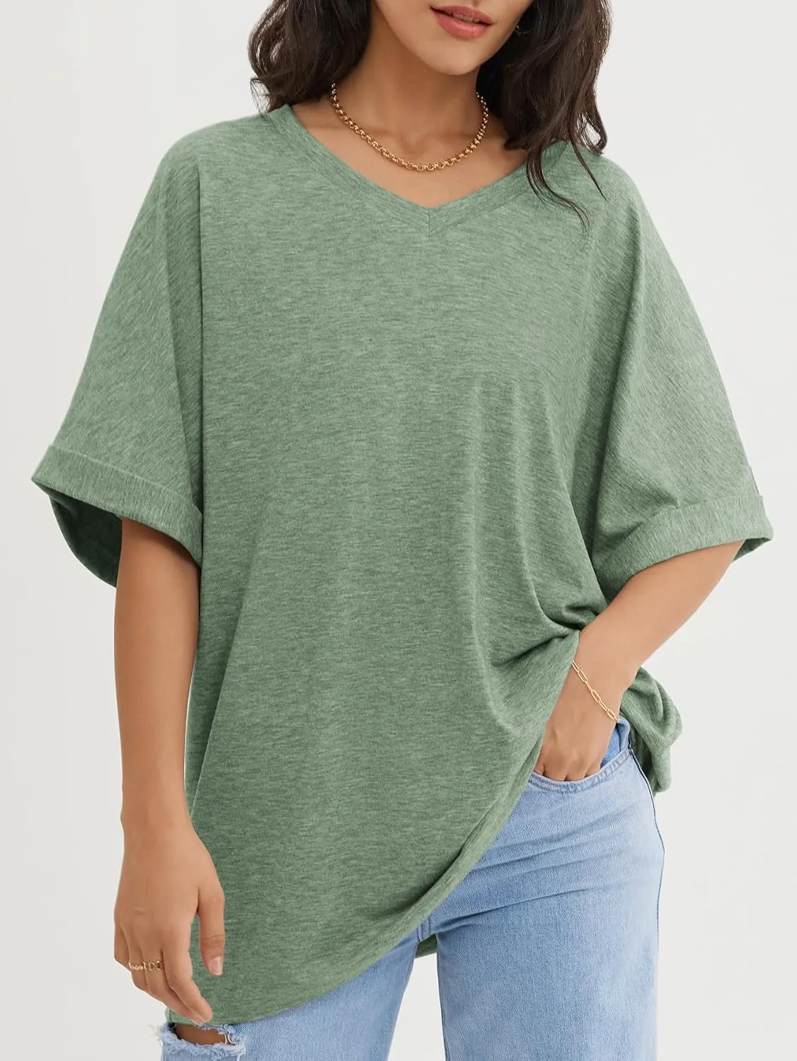 ATHMILE Womens Oversized T Shirts Loose Fit V Neck Short Sleeve Summer Casual Blouse 2025 Y2K Tee Tops