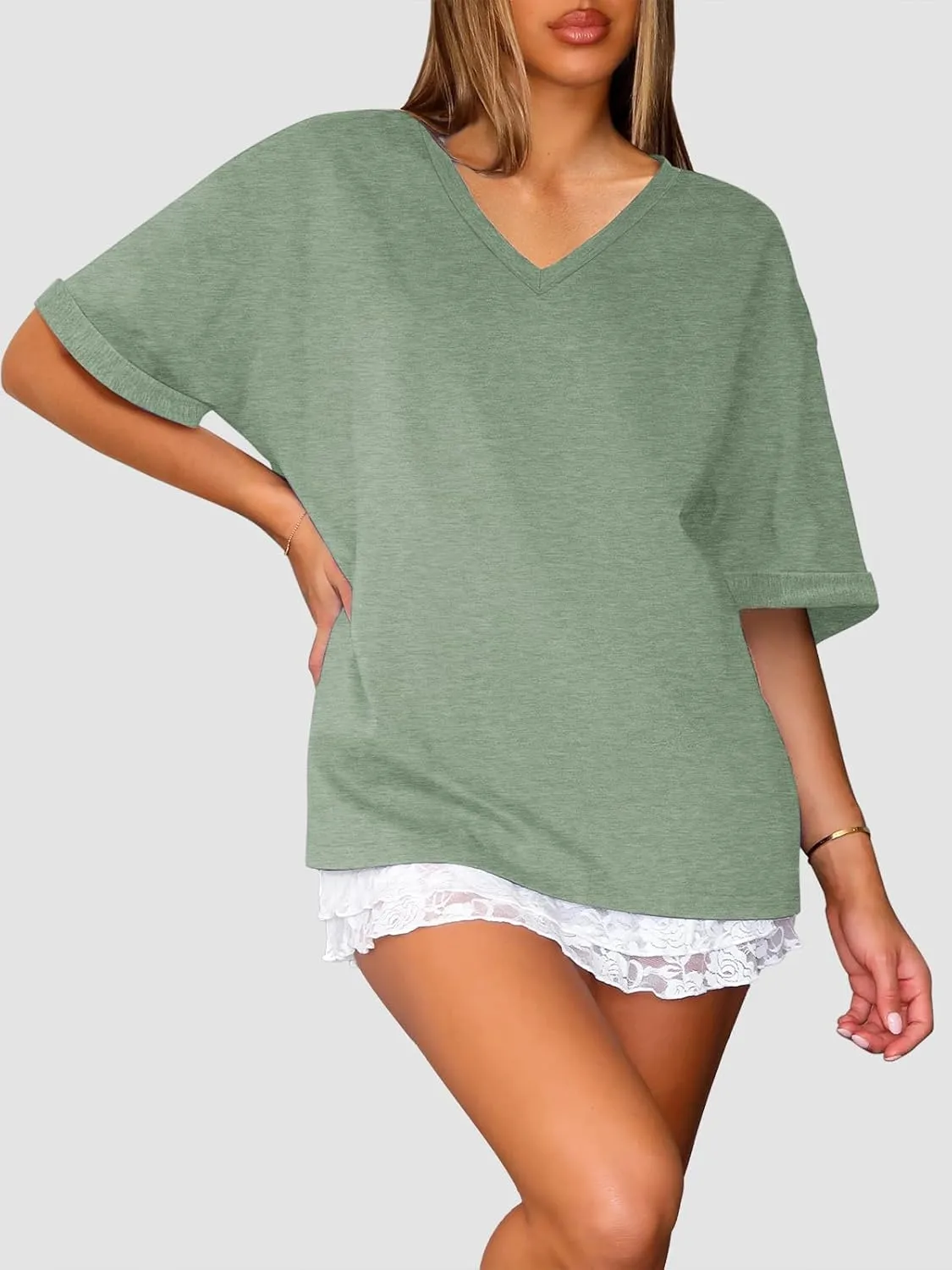 ATHMILE Womens Oversized T Shirts Loose Fit V Neck Short Sleeve Summer Casual Blouse 2025 Y2K Tee Tops