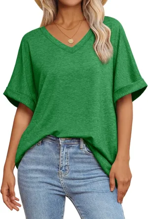 ATHMILE Womens Oversized T Shirts Loose Fit V Neck Short Sleeve Summer Casual Blouse 2025 Y2K Tee Tops