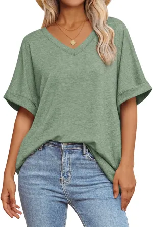 ATHMILE Womens Oversized T Shirts Loose Fit V Neck Short Sleeve Summer Casual Blouse 2025 Y2K Tee Tops