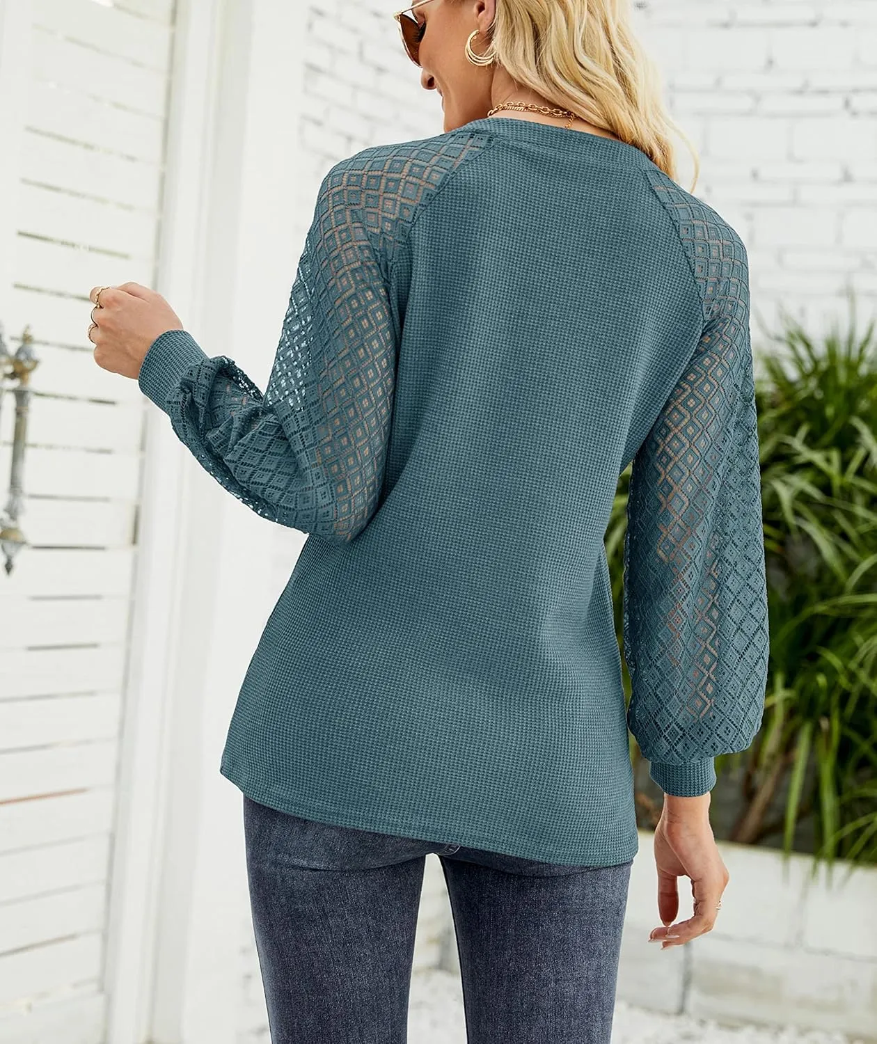 Auhoot 2025 Women's Long Sleeve Tops Lace Sleeve Loose Casual Spring V Neck Waffle Knit Tunic Blouse Henley Shirts
