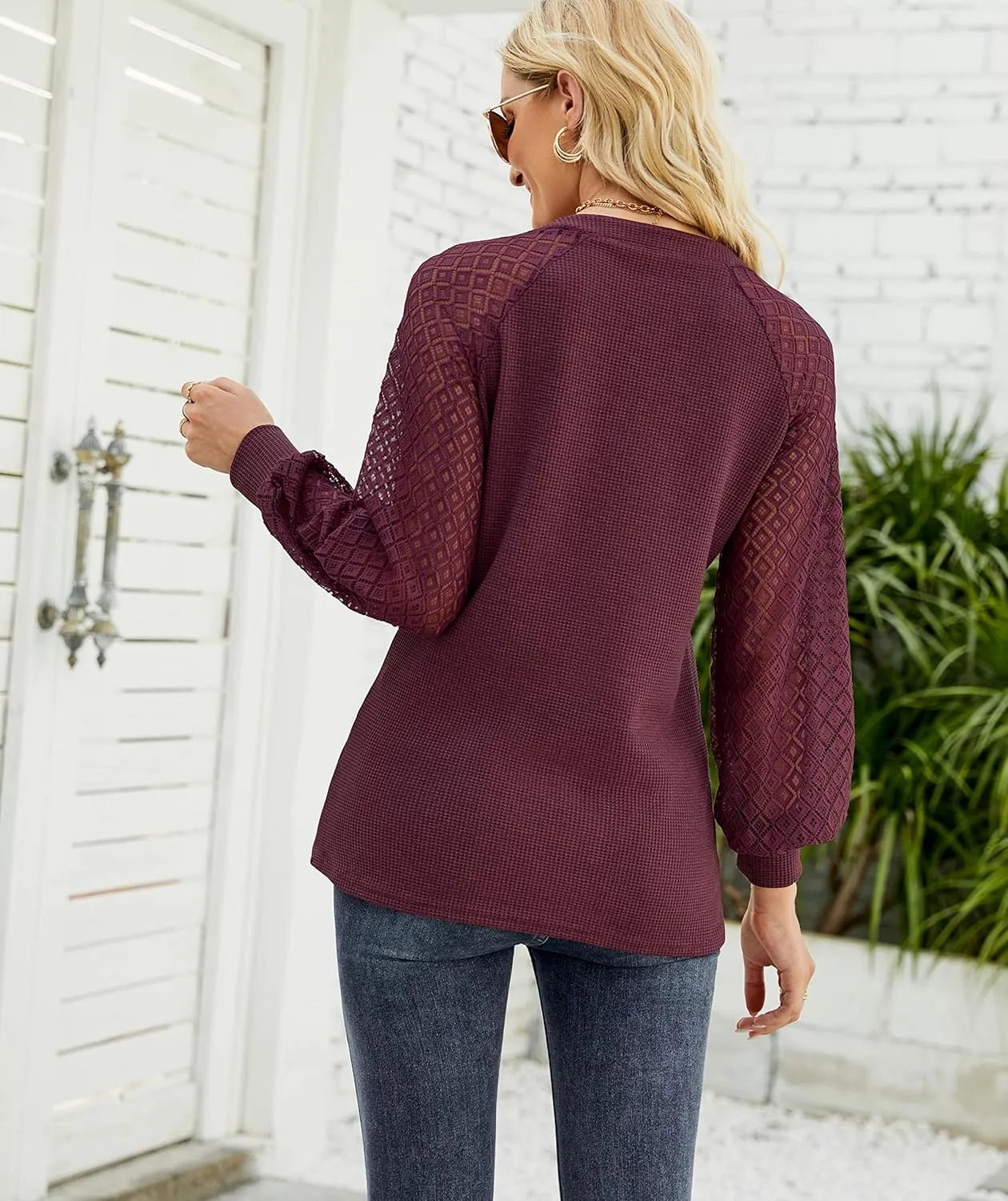 Auhoot 2025 Women's Long Sleeve Tops Lace Sleeve Loose Casual Spring V Neck Waffle Knit Tunic Blouse Henley Shirts