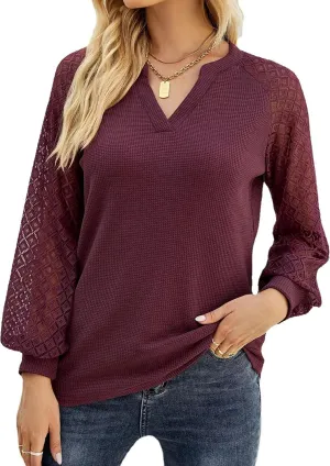 Auhoot 2025 Women's Long Sleeve Tops Lace Sleeve Loose Casual Spring V Neck Waffle Knit Tunic Blouse Henley Shirts