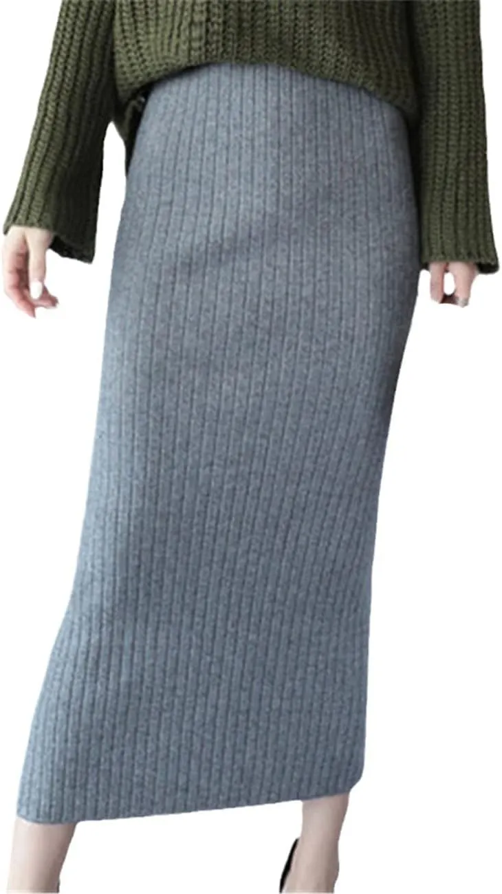 Autumn Winter Woolen Skirts Slim Belt Office Long Midi Skirt Pencil Knitted Wool Skirt