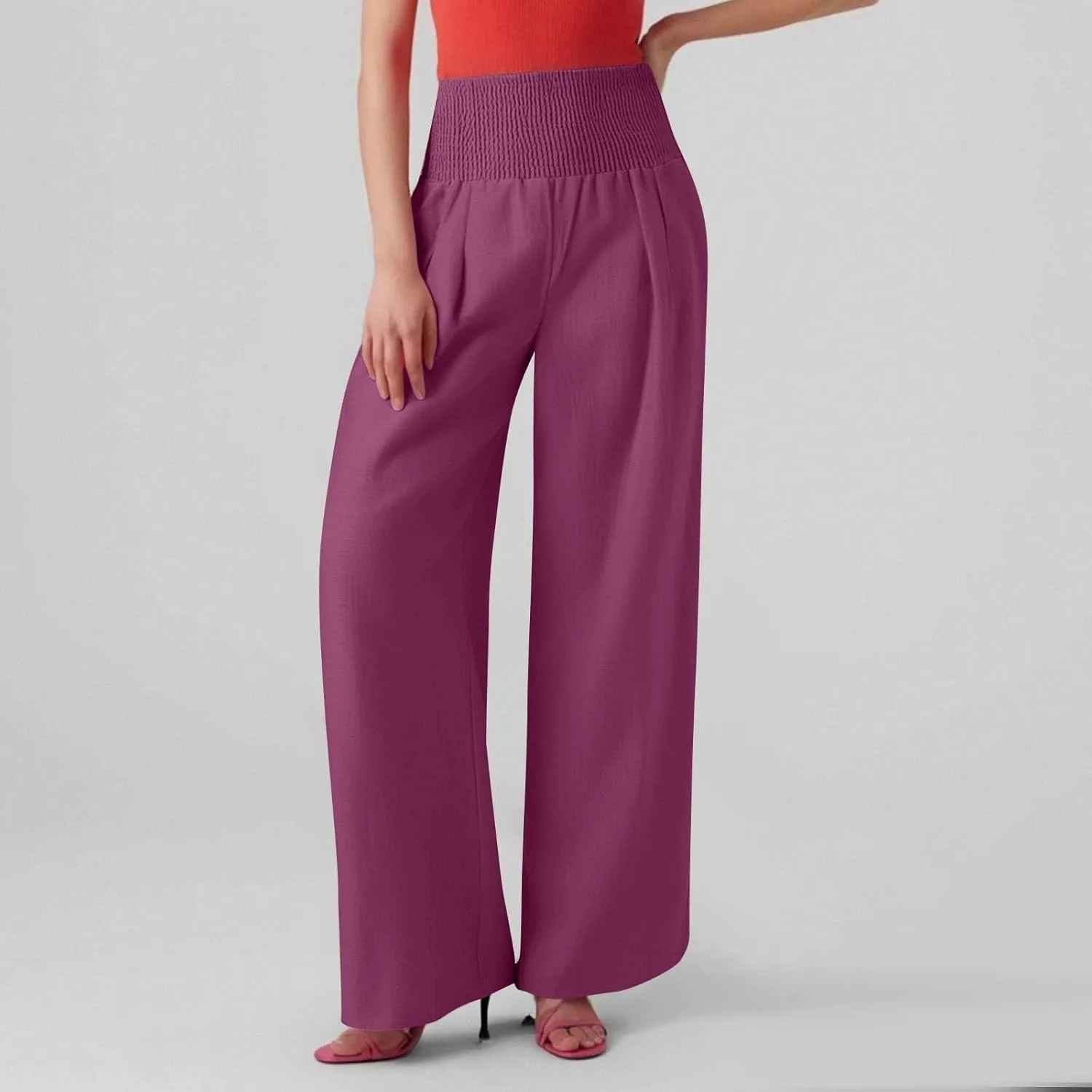 Baggy Linen Pants Women Summer High Waisted Wide Leg Palazzo Pants Smocked Pant Lounge Work Trousers with Pockets